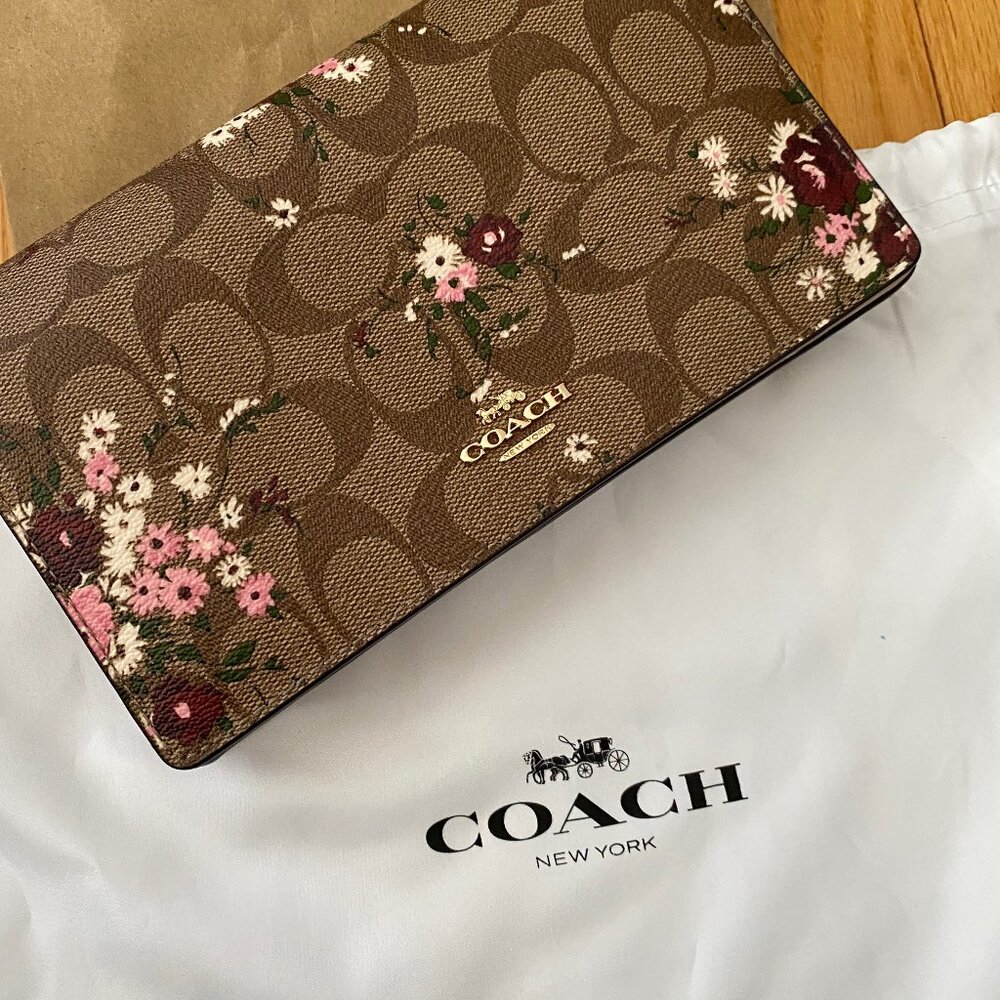 NEW Coach Anna Foldover Crossbody Clutch Signature Floral Khaki Multi Leather